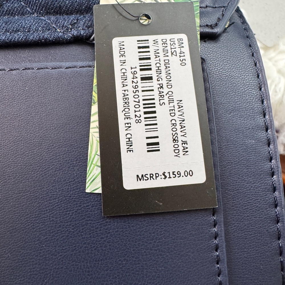 Badgley Mischka  Denim Diamond Quilted Crossbody w/Matching Pearls NWT - Picture 10 of 13